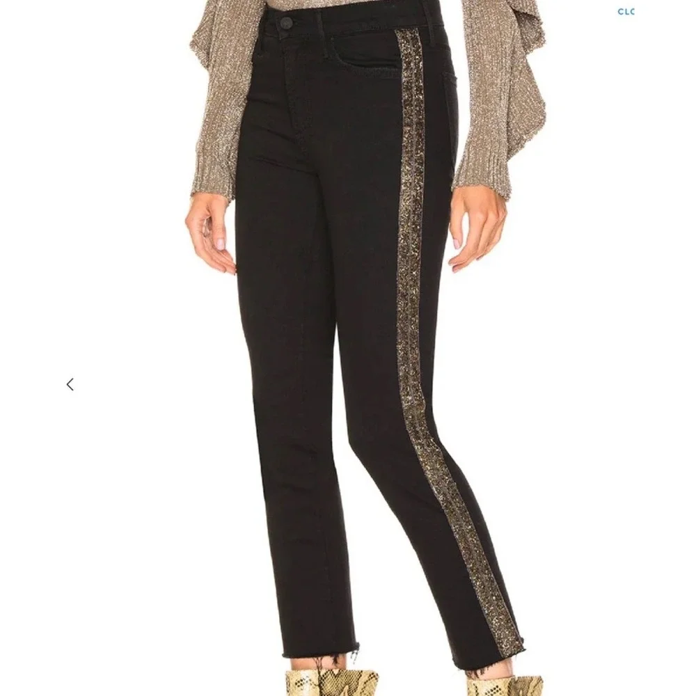 $238 MOTHER Rascal Ankle Fray Blk Beaded Stripe Raw Hem Jeans 28 HiRise Straight